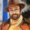 Lucio Dalla (2020), olio su tela di iuta, 60x80 cm
